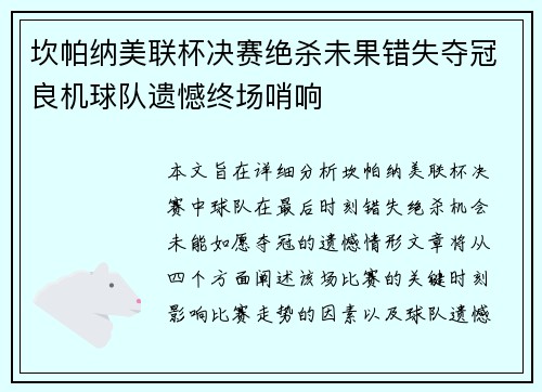 坎帕纳美联杯决赛绝杀未果错失夺冠良机球队遗憾终场哨响